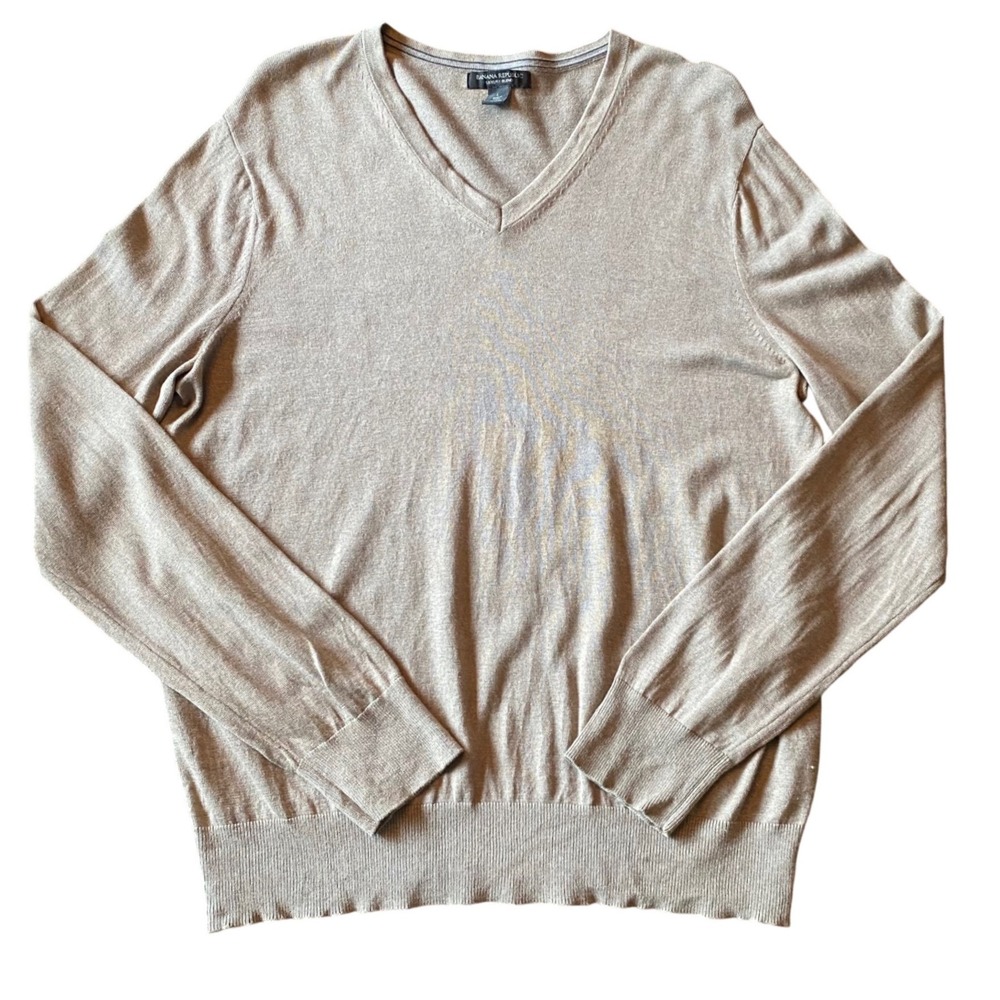 BANANA‎ REPUBLIC Luxury Blend Silk Cashmere V Neck Sweater SZ L Beige Tan Casual - Picture 3 of 6